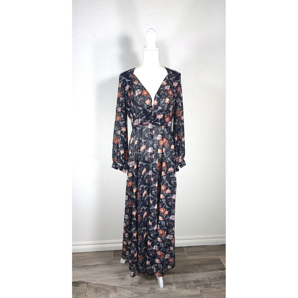 On Twelfth Floral Maxi Dress Navy Blue Sheer Long Sleeve V-Neck Boho Size L